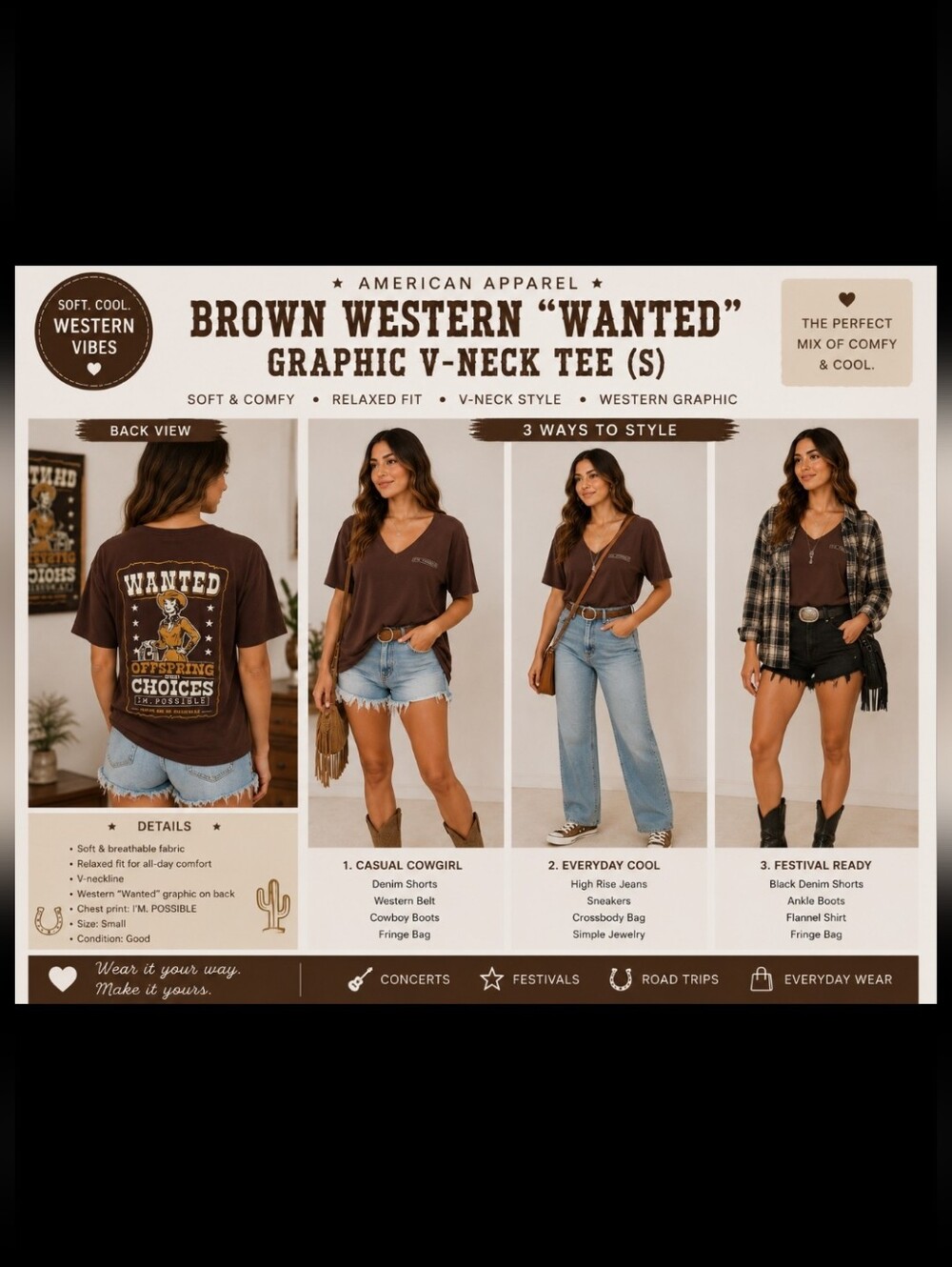 American Apparel ~ Brown Western “Wanted” Graphic V-Neck Tee (S)